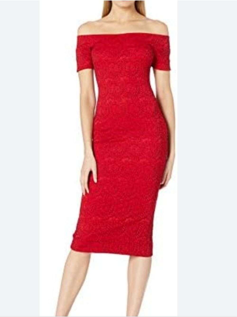 Dress The Population Jemma Red Lace Off The Shoulder Bodycon Midi Dress, Size M